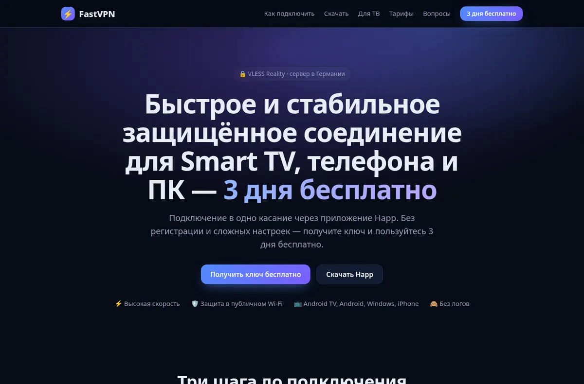 FastVPN — главная страница, компьютер